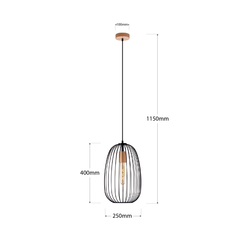 Pendente com cabo OVELLA 1xE27/15W/230V Ø 25 cm preto/pinho