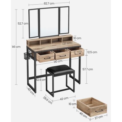 Penteadeira com banqueta 28,6x42 cm FLORA castanha/preta