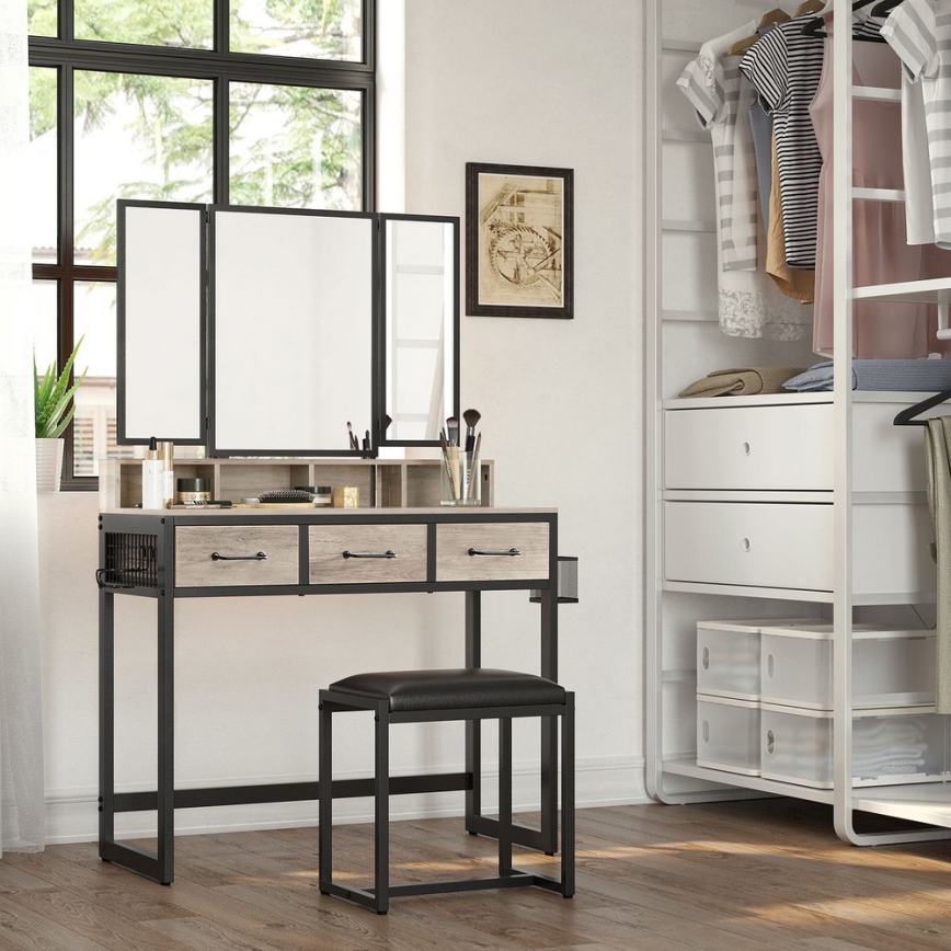 Penteadeira com banqueta 28,6x42 cm FLORA cinzenta/preta