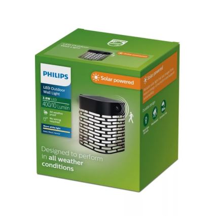 Philips - Aplique de parede solar LED com sensor HARA LED/3,8W/3,7V 800 mAh 2700K IP44 preto