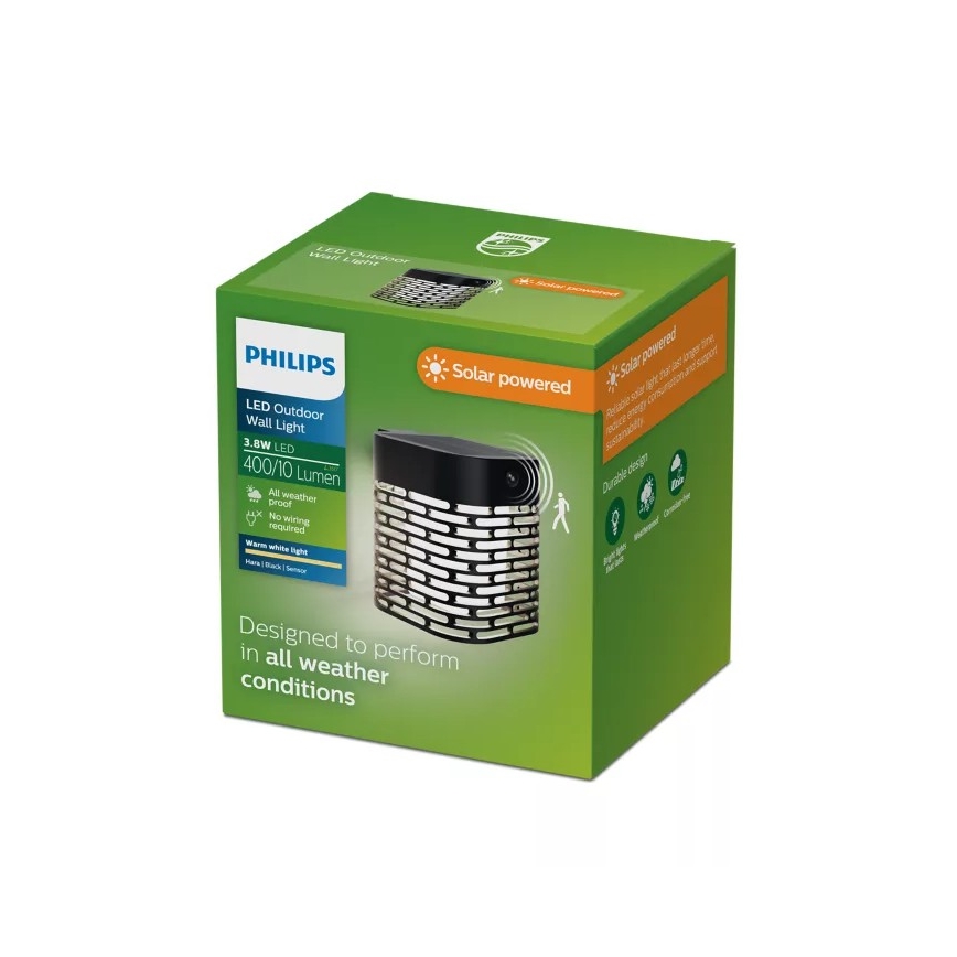Philips - Aplique de parede solar LED com sensor HARA LED/3,8W/3,7V 800 mAh 2700K IP44 preto