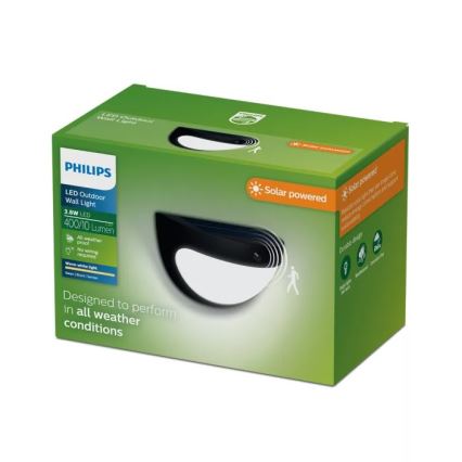 Philips - Luminária de parede solar LED com sensor SWYN LED/3,8W/3,7V 800 mAh 2700K IP44 preta