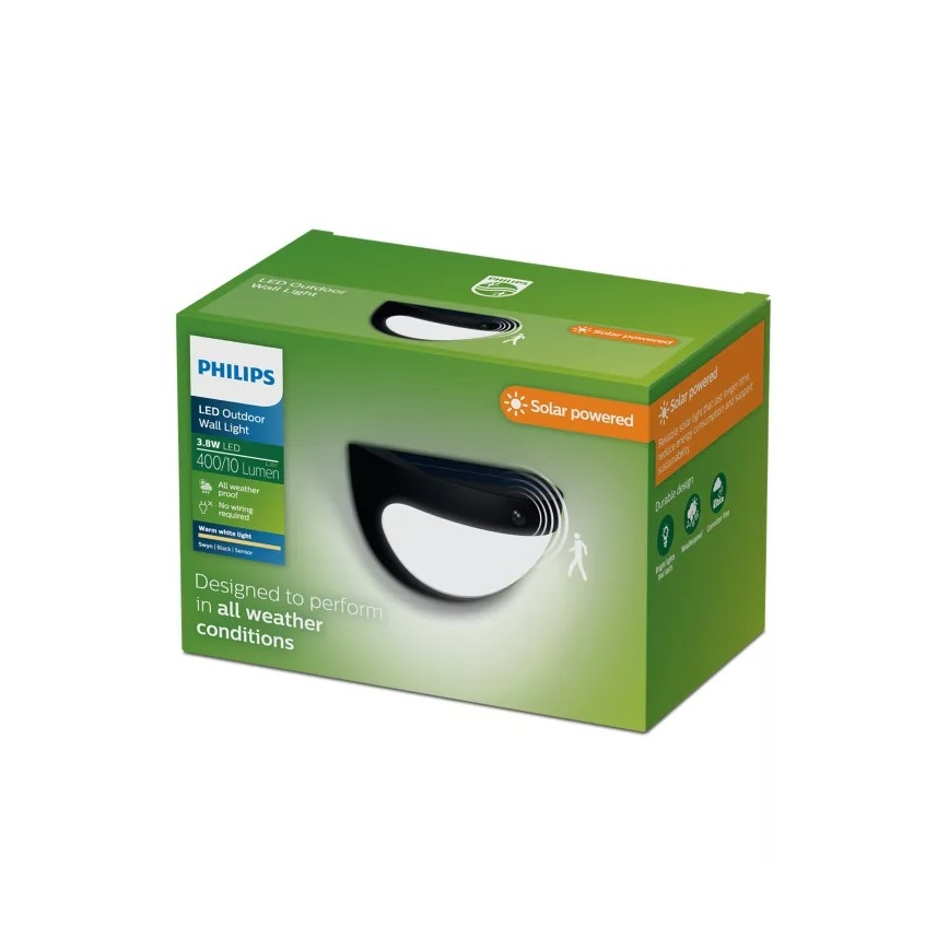 Philips - Luminária de parede solar LED com sensor SWYN LED/3,8W/3,7V 800 mAh 2700K IP44 preta