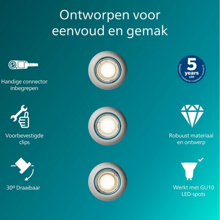 Philips - Conjunto de 3 luminárias de embutir PERIDOT 1xGU10/7W/230V, prata