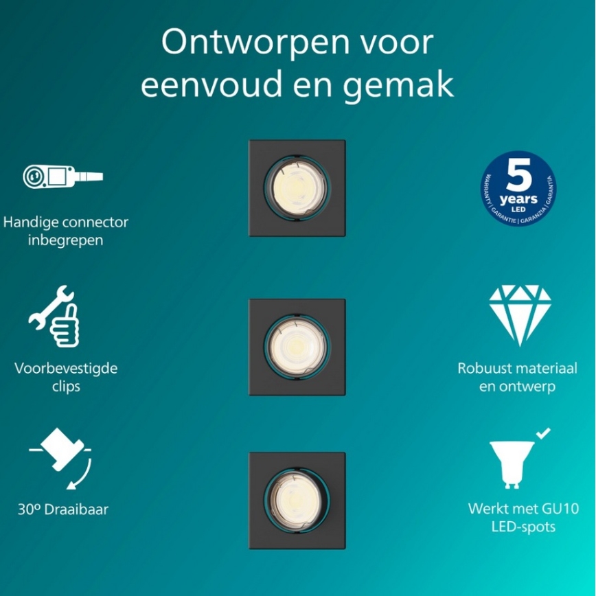 Philips - Conjunto de 3 luminárias embutidas PERIDOT 1xGU10/7W/230V pretas