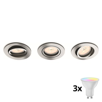 Philips - Conjunto de 3 spots LED RGBW dimerizáveis para encastrar 1xGU10/4,8W/230V, cromado brilhante + controlo remoto