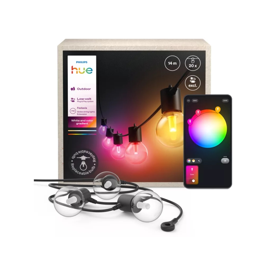 Philips - Cordão LED RGBW Hue FESTAVIA para exterior, extensível e dimerizável, 20xLED, 14m, IP65