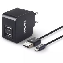 Philips DLP2307U/12 - Adaptador de carregamento 2xUSB/15,5W/230V + cabo micro USB 1m