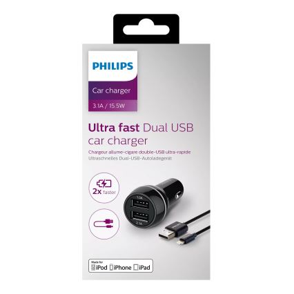 Philips DLP2357V/10 - Carregador de automóvel 2xUSB/12V + conector USB/lightning