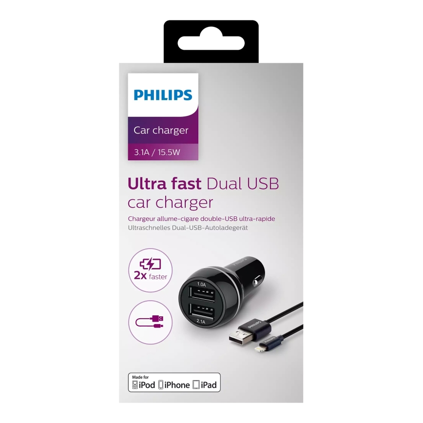 Philips DLP2357V/10 - Carregador de automóvel 2xUSB/12V + conector USB/lightning