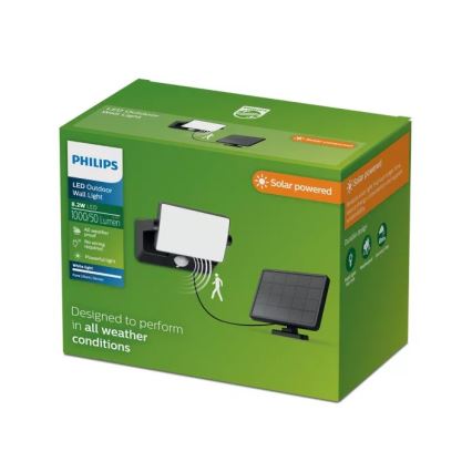 Philips - Refletor de parede solar LED com sensor FYNS LED/8,2W/3,7V 2600 mAh 3000K IP44 preto