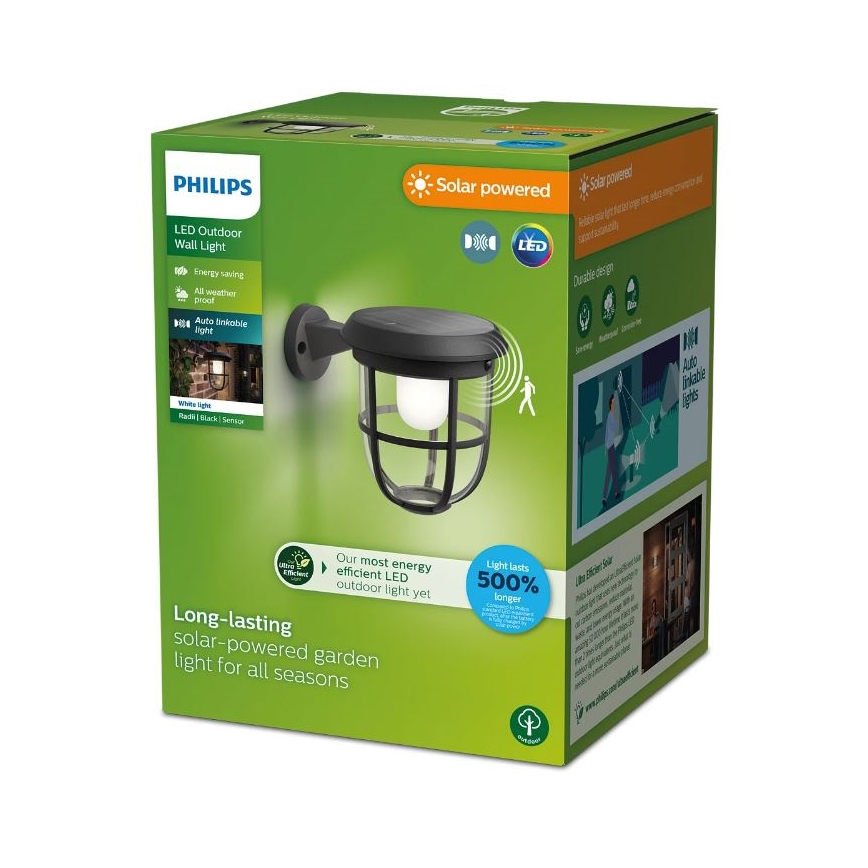 Philips - Luminária de parede solar LED com sensor de movimento e crepúsculo RADII LED/1,3W/3,7V 2000 mAh 3000K IP44