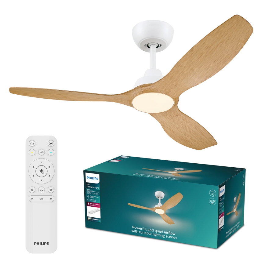 Philips - Ventilador de teto LED regulável OLAS LED/24W/230V Ø 132 cm branco/castanho + controlo remoto