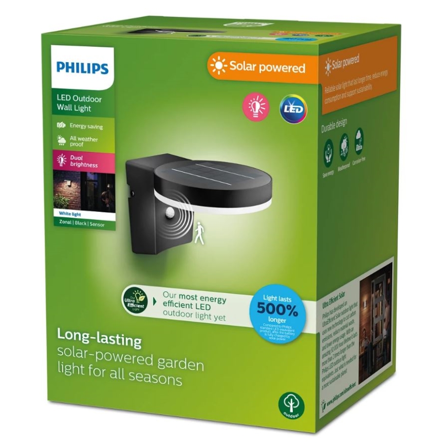 Philips - Luminária de parede solar LED com sensor de movimento e crepúsculo ZONAL LED/1,3W/3,7V 2500 mAh IP44
