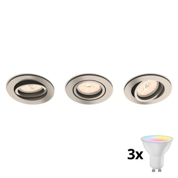 Philips - Pack de 3 luminárias de embutir LED RGBW dimáveis 1xGU10/4,8W/230V cromo mate + comando remoto
