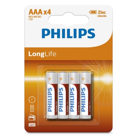 Philips R03L4B/10 - 4 pçs Pilha de cloreto de zinco AAA LONGLIFE 1,5V 450mAh