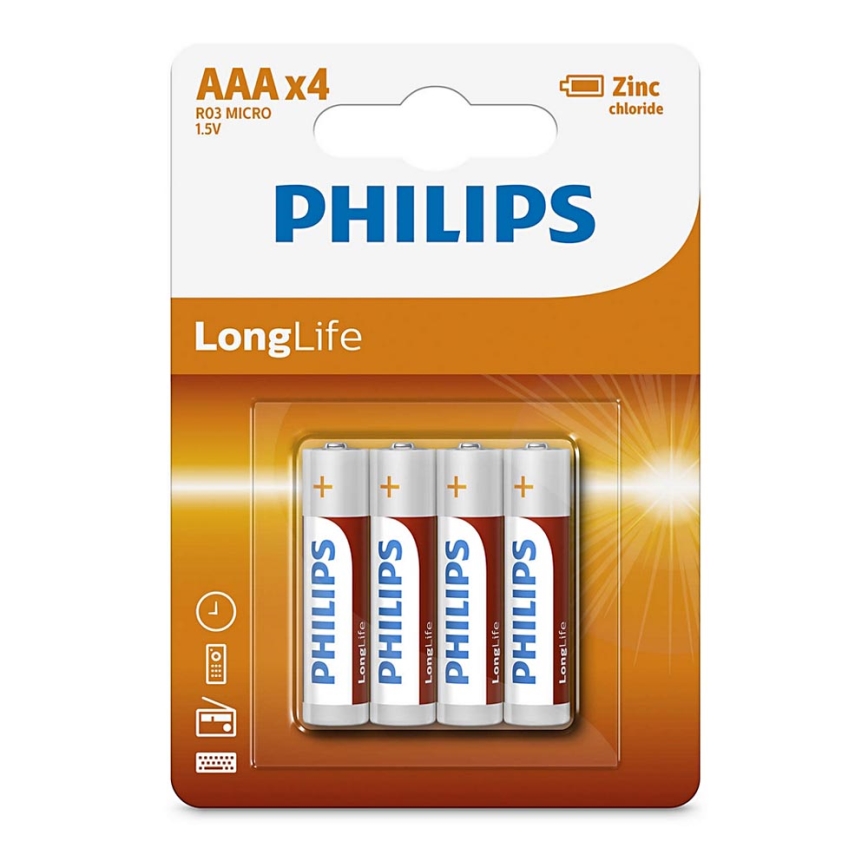 Philips R03L4B/10 - 4 pçs Pilha de cloreto de zinco AAA LONGLIFE 1,5V 450mAh