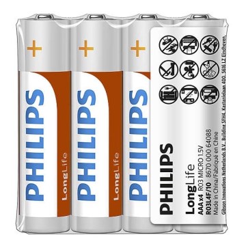 Philips R03L4F/10 - 4 unidades Pilha de cloreto de zinco AAA LONGLIFE 1,5V 450mAh