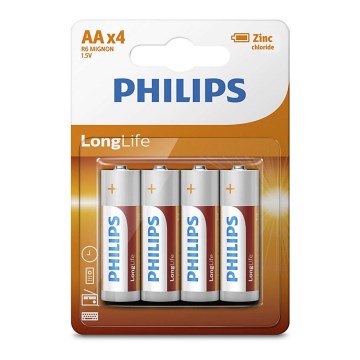 Philips R6L4B/10 - 4 unidades Pilha de cloreto de zinco AA LONGLIFE 1,5V 900mAh