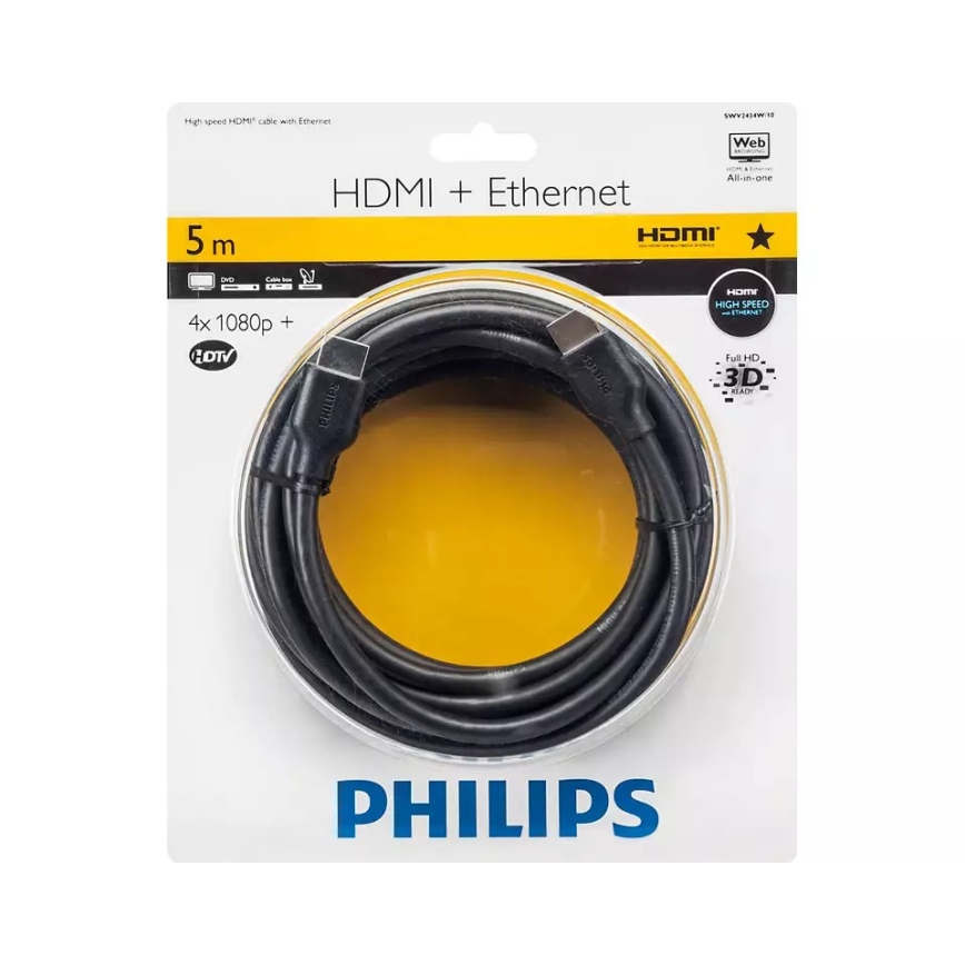 Philips SWV2434W/10 - Cabo HDMI com Ethernet, HDMI 1.4 A conector 5m preto