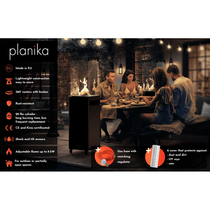 Planika - Lareira exterior a gás 142x36 cm 8kW 1xAAA preta + capa de proteção