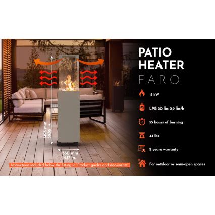 Planika - Lareira exterior a gás 142x36 cm 8kW 1xAAA cinzento + capa de proteção