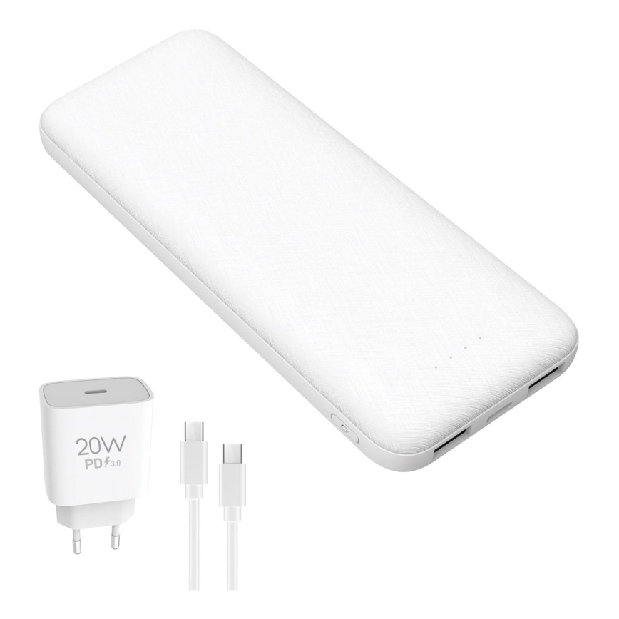 Power Bank 10000 mAh + adaptador 20W Power Delivery + USB-C/USB-C cabo 1m branco
