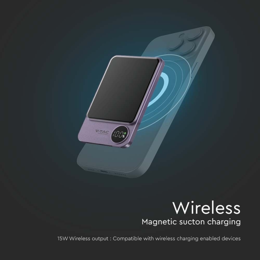 Power Bank com ecrã e carregamento sem fios Power Delivery 5000mAh/20W/5V roxo