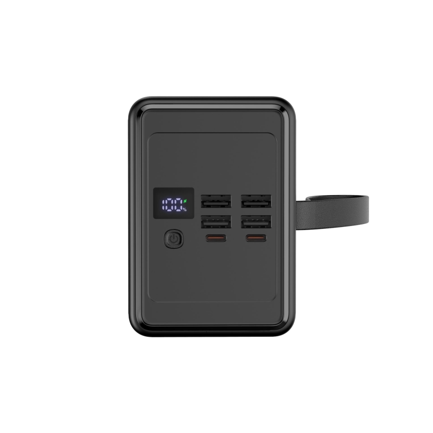 Bateria externa 8000 mAh com Power Delivery, 4x USB-A + 2x USB-C, lanterna LED e cabo USB-C de 1 m, preta
