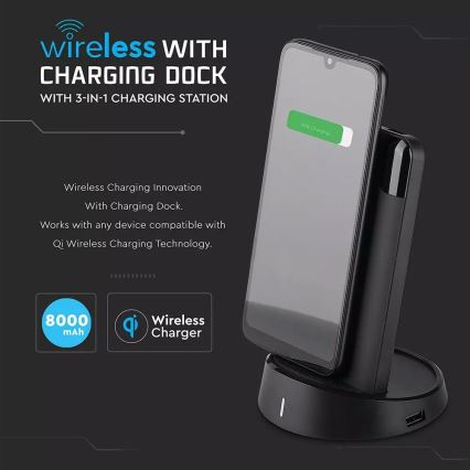 Power Bank 8000mAh/3,7V com carregamento sem fios e estação de ancoragem preta