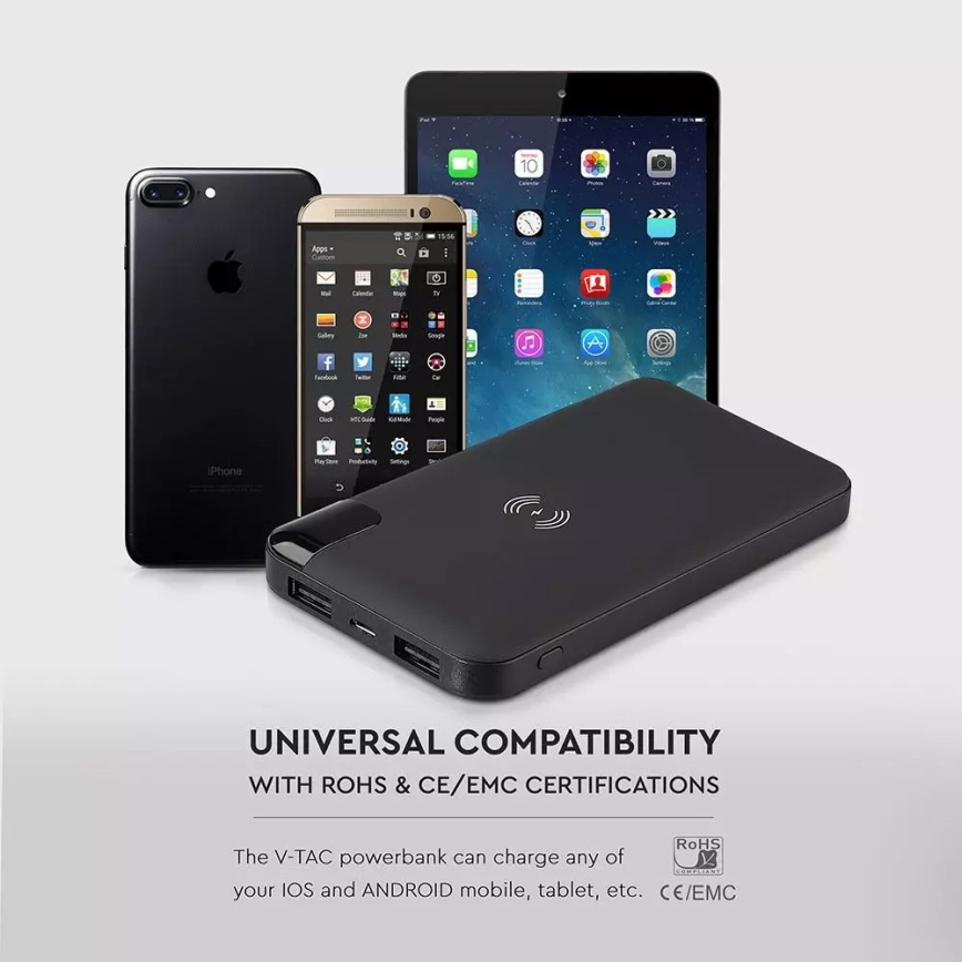 Power Bank 8000mAh/3,7V com carregamento sem fios e estação de ancoragem preta