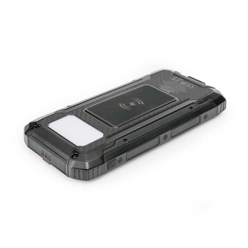 Power bank com luz LED, carregamento sem fios e painel solar Power Delivery 15W/10000 mAh preto