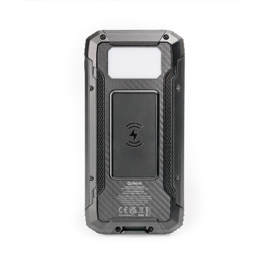 Power bank com luz LED, carregamento sem fios e painel solar Power Delivery 15W/10000 mAh preto