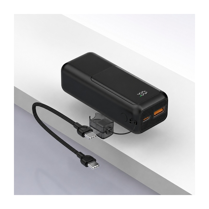 Power bank com ecrã LED, Power Delivery, 10000 mAh, 3,7 V, preto