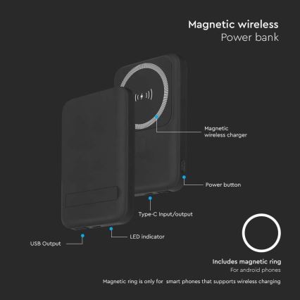 Power Bank Magnética com carregamento sem fios Power Delivery 10 000mAh/20W/3,7V preto