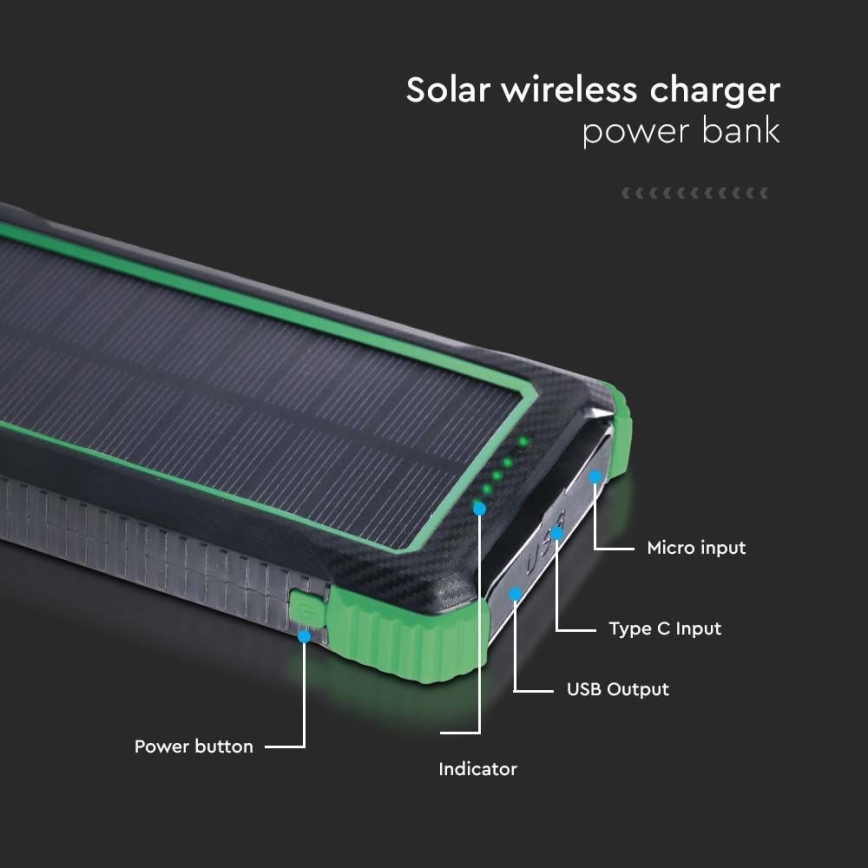 Power Bank solar com Power Delivery 10000mAh/10W/5V preto