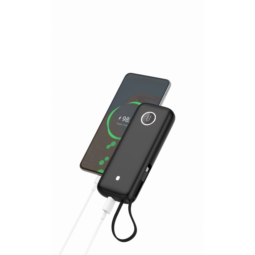 Powerbank 20.000 mAh, 1x USB-A + 2x USB-C, com cabo USB de 1 m, preto