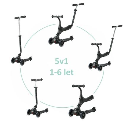 QPlay - Trotinete infantil SEMA PRO 5 em 1 com rodas LED, preta