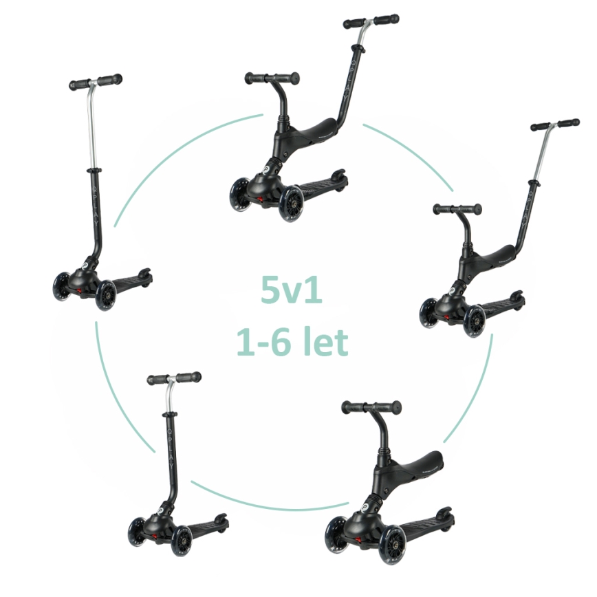 QPlay - Trotinete infantil SEMA PRO 5 em 1 com rodas LED, preta