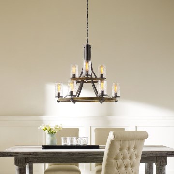 Quintiesse - Lustre suspenso com corrente ANGELO 9xE27/60W/230V, acabamento carvalho