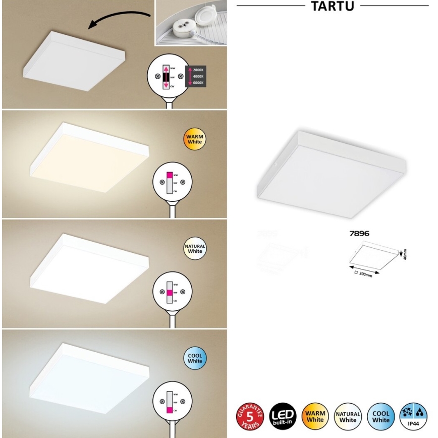 Rabalux - Candeeiro de tecto LED/24W/230V 2800-6000K IP44 branco 30x30 cm
