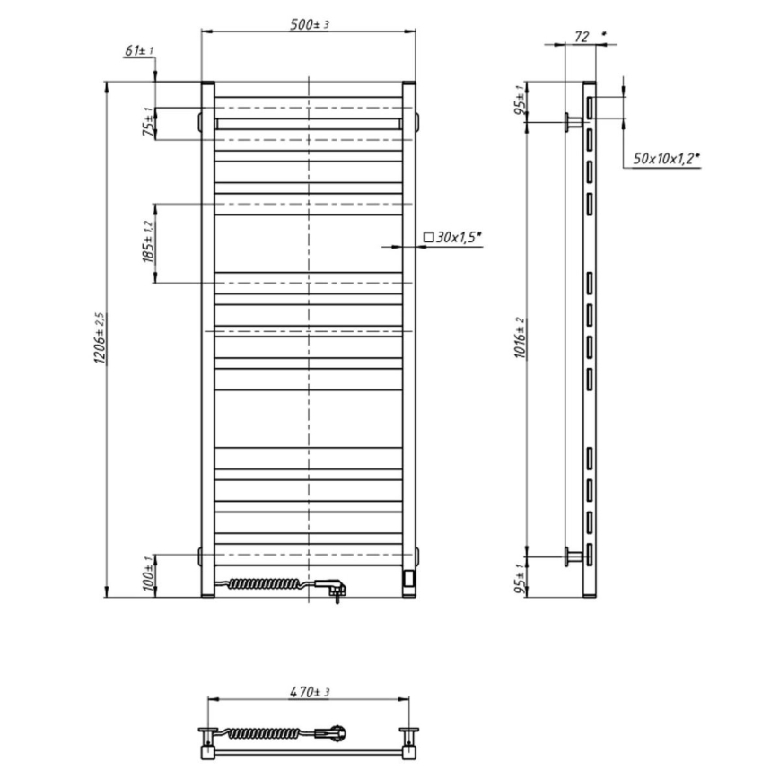 Toalheiro aquecido para casa de banho com termóstato LARGO 541W/230V 120,6 cm IP44 preto esquerdo quadrado