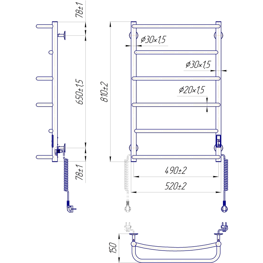 Radiador-toalheiro em escada para casa de banho LUX 105W/230V 81x52 cm aço inoxidável/preto, lado direito