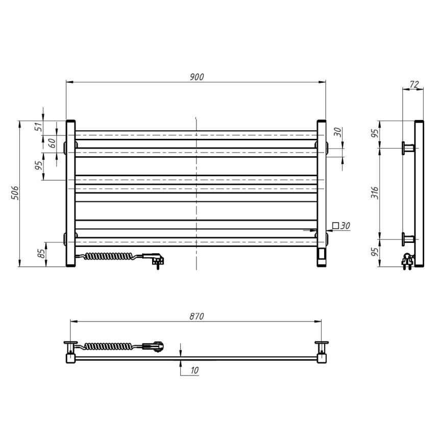 Radiador-toalheiro para casa de banho com termóstato AVANGARD 316W/230V 50,6 cm IP44, preto, esquerdo, de design quadrado
