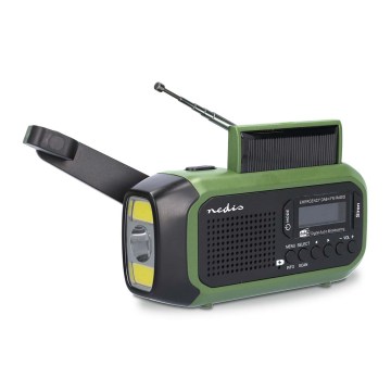Rádio DAB+/FM com manivela, painel solar e lanterna LED 5V/2500 mAh verde/preto