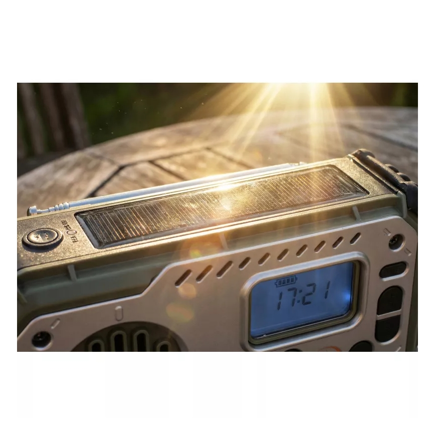 Rádio de campismo com manivela, painel solar e lanterna LED com função de powerbank 5V/3xAAA/2000 mAh IPX4 verde