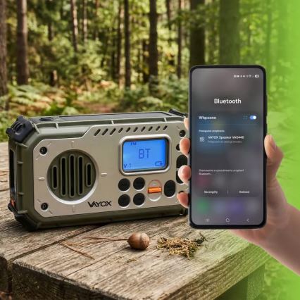 Rádio de campismo com manivela, painel solar e lanterna LED com função de powerbank 5V/3xAAA/2000 mAh IPX4 verde