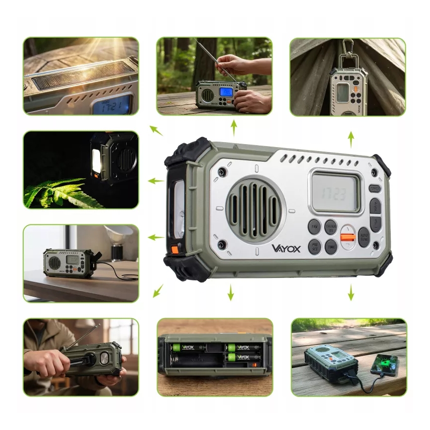 Rádio de campismo com manivela, painel solar e lanterna LED com função de powerbank 5V/3xAAA/2000 mAh IPX4 verde