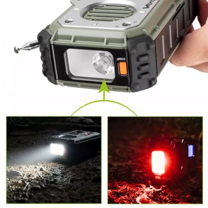 Rádio de campismo com manivela, painel solar e lanterna LED com função de powerbank 5V/3xAAA/2000 mAh IPX4 verde