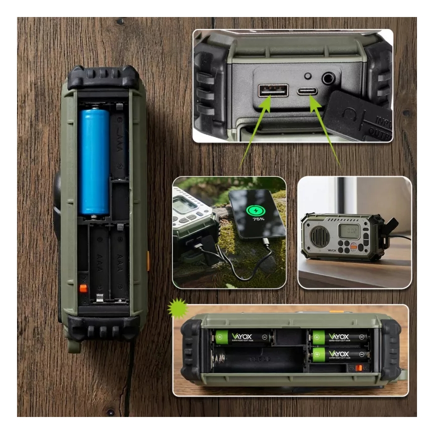 Rádio de campismo com manivela, painel solar e lanterna LED com função de powerbank 5V/3xAAA/2000 mAh IPX4 verde